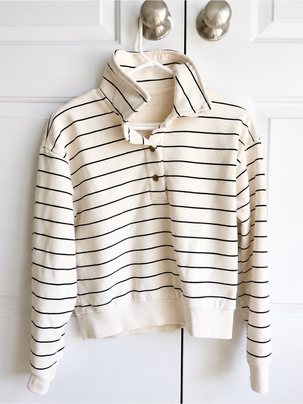 Universal Thread Cream and Black Striped Quarter-Button Pullover